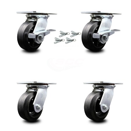 Service Caster 5 Inch Rubber on Steel Caster Set with Roller Bearing 4 Swivel Lock and 2 Brake SCC-35S520-RSR-SLB-BSL-2-BSL-2